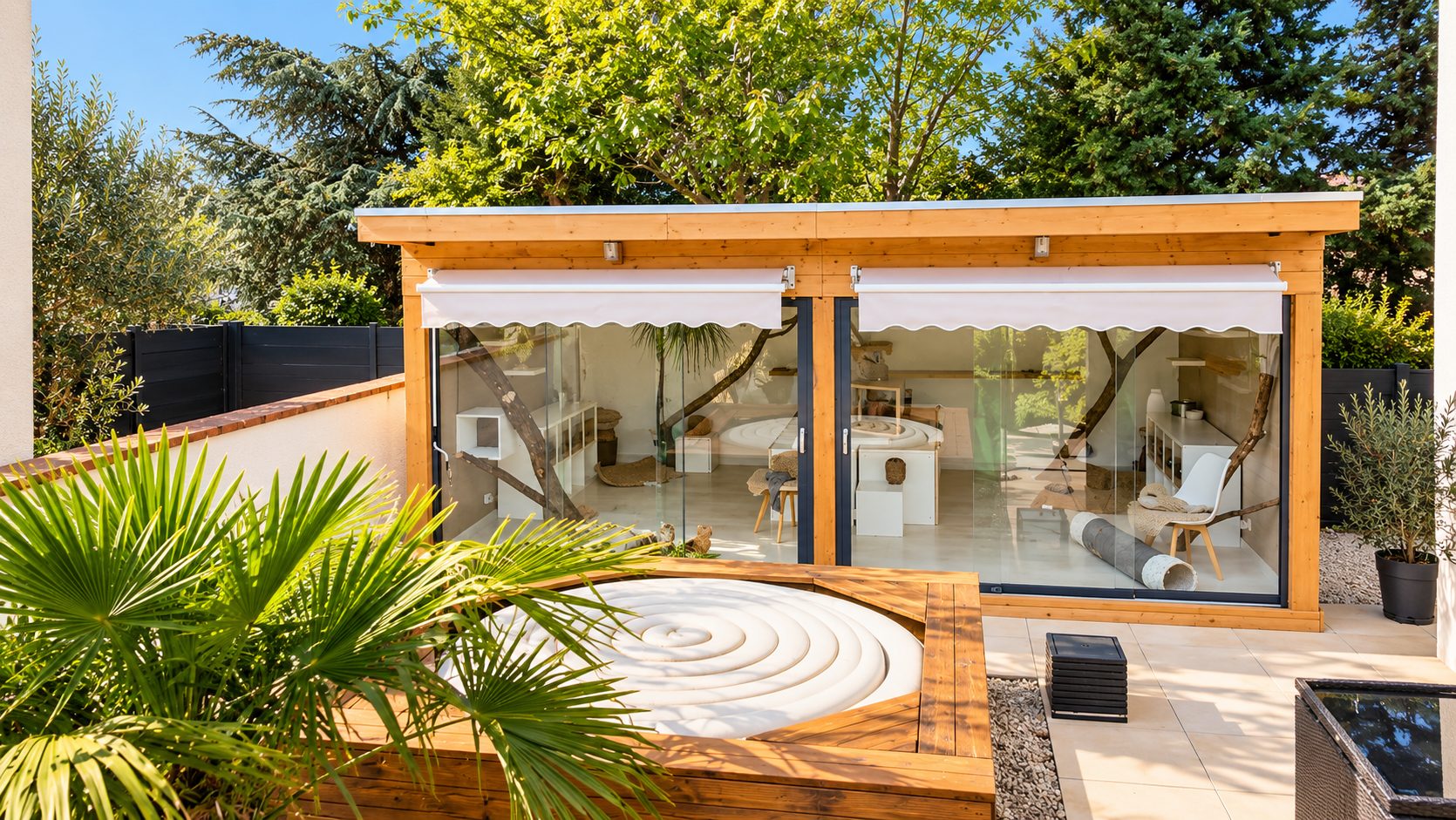 Le chalet de MyCatHome dans le jardin, avec ses grandes baies vitrées et ses arbres à chat visibles à l'intérieur